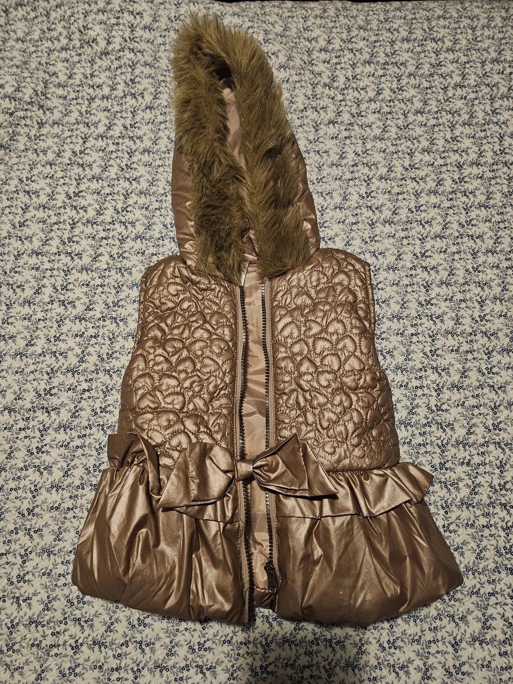 Little Lass Bronze/rose Gold Quilted Hooded Puffer Vest with Faux Fur Trim